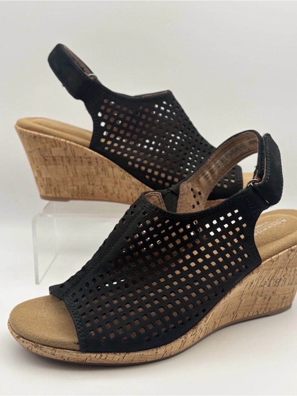 Rockport Black Perforated Slingback Cork Wedge Sandals